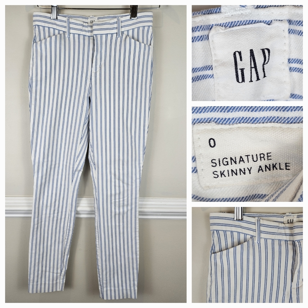 GAP Signature Skinny Ankle Jean White with Blue Stripes Sz 0 Low Rise A0814